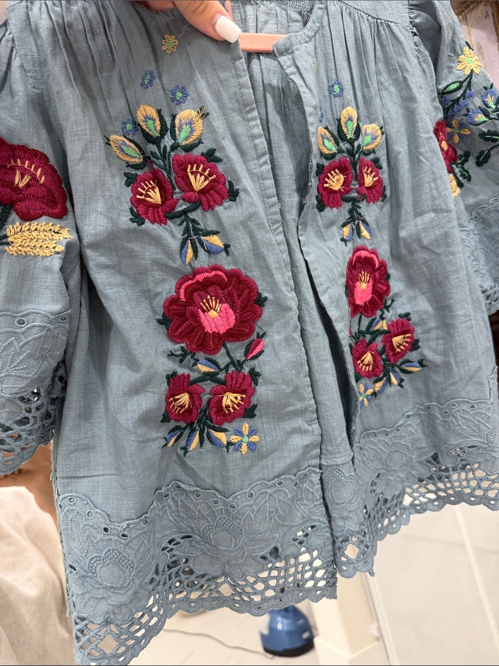 Embroidered Blue Cotton Open-Front Blouse with Floral Motifs - Picture 5 of 9